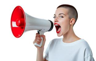 Young woman passionately shouting through a megaphone in a dynamic expression promoting social awareness and diversity in an urban setting photo