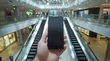 Smartphone in Hand Modern Shopping Mall Escalator Background Blank Screen photo