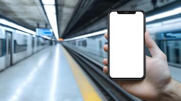 Smartphone with Blank Screen Held in Hand at Subway Station Platform photo