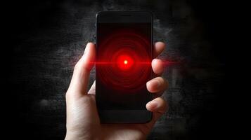 Hand Holding Smartphone with Red Laser Scanner Futuristic Technology Interface photo