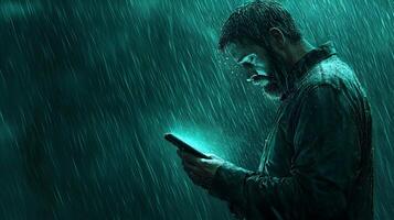 Man Using Smartphone in Heavy Rain Dark Moody Atmosphere Night Scene photo