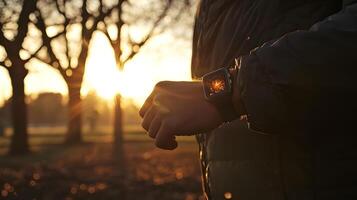Person Checking Smartwatch at Sunset in Autumnal Park photo