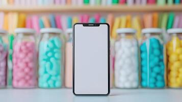 Modern Smartphone Mockup with Blank Screen Displayed on Table Amongst Pastel Candy Jars photo