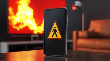 Smartphone displaying fire safety warning symbol near fireplace and sofa photo
