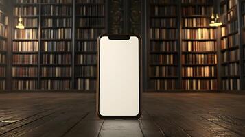 Smartphone Mockup Blank Screen in Vintage Library Setting Bookshelves Background photo