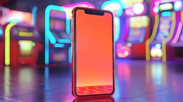 Red Smartphone Mockup in Vibrant Arcade Game Room Setting Blank Screen Mobile App Design photo