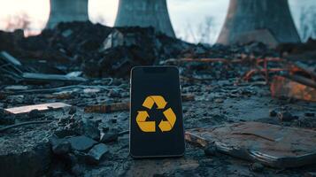 Smartphone Displaying Recycle Symbol Amidst Industrial Waste and Debris photo