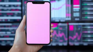 Hand Holding Smartphone with Pink Screen Against Stock Market Data Background photo