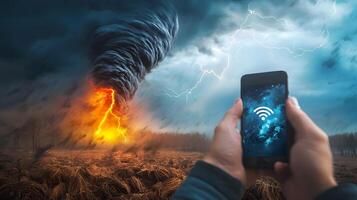 Dramatic Tornado and Lightning Storm with Person Holding Smartphone Showing Wifi Signal photo