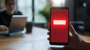 Woman Holding Smartphone with Red Error Message Display Close Up Technology Problem photo