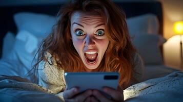 Shocked Woman in Bed at Night Using Tablet Surprised Expression Digital Device photo