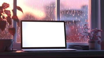 Laptop with Blank Screen on Windowsill during Sunset Rain photo