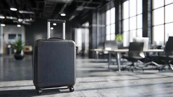 Modern Black Carry on Suitcase in Contemporary Office Setting Business Travel Concept photo