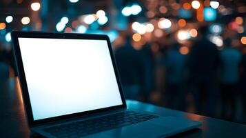 Laptop Computer with Blank Screen at Night Bokeh Lights Background Modern Technology photo