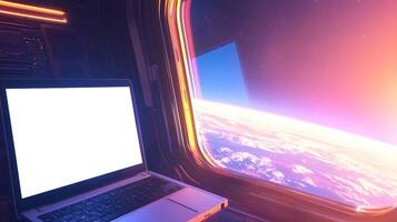 Futuristic Laptop with Blank Screen Viewed from Spaceship Window Showing Earth photo
