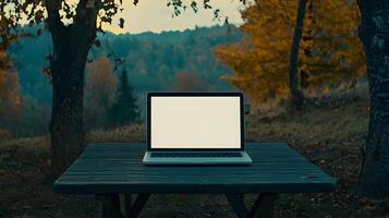 Laptop Computer with Blank Screen on Rustic Wooden Table in Autumnal Park Setting photo