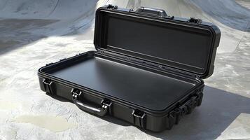Empty Black Hard Case Open Storage Container Durable Travel Case on Concrete Background photo