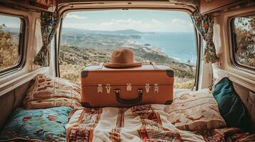 Vintage Suitcase Straw Hat in Campervan with Scenic Ocean View photo