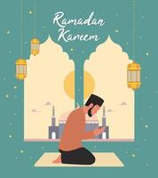 man praying in mosque ramadhan kareem template eid mubarak moslem holiday vector