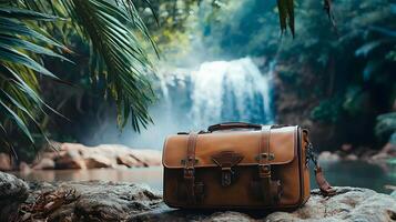 Vintage Leather Satchel Bag by Waterfall in Lush Tropical Jungle Setting photo