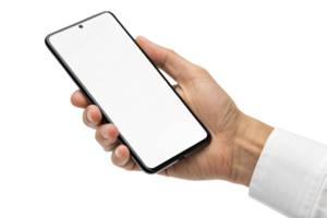 A hand holding a smartphone with a blank white screen display, showcasing a modern mobile device in a business casual setting png