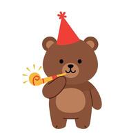 Cute cartoon bear wearing a party hat with a noisemaker in a joyful celebration flat art vector