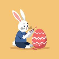 Cute rabbit painting a colorful Easter egg in flat art style vector
