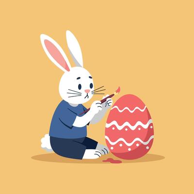 Cute rabbit painting a colorful Easter egg in flat art style