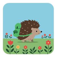 A cheerful hedgehog with a green backpack exploring a colorful flower garden in flat art vector