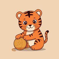 Cute tiger cub playing with a ball of yarn in a playful, minimal illustration vector