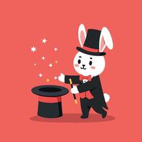 A cheerful rabbit magician performing tricks with a top hat in a colorful flat illustration vector