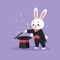 Cute rabbit magician in a black tuxedo performing magic tricks with a hat in flat art vector