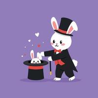 A charming magician rabbit performing a magic trick in flat art style with a top hat and a cute bunny vector