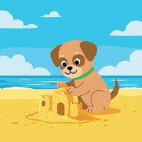 Playful puppy building a sandcastle on a sunny beach in flat art vector