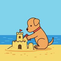 A playful dog building a sandcastle on a sunny beach in flat art vector