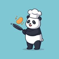 Playful panda chef flipping pancakes in a colorful flat illustration vector