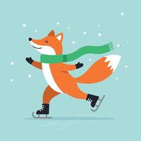 Playful orange fox skating joyfully on ice in a flat illustration vector