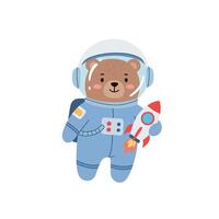 Cute bear astronaut in a blue spacesuit holding a red rocket, minimal illustration vector
