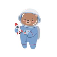 Cute bear in space suit holding a toy rocket and palette in flat art vector