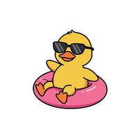 Cute yellow duck wearing sunglasses floating in a pink inflatable ring in a cheerful flat illustration vector