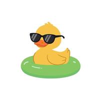 Cheerful yellow duck wearing sunglasses floating in a green pool float, minimal illustration vector