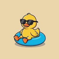 Cute yellow duck wearing sunglasses floating on a blue pool float in a flat illustration vector