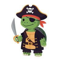 Cartoon pirate turtle character in flat design style with sword and eye patch art vector
