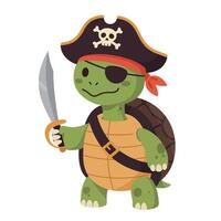 Cartoon turtle dressed as a pirate with an eye patch and sword in flat art vector