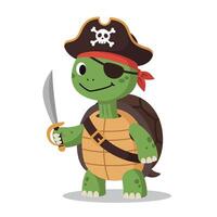 Pirate turtle character with sword and hat in flat art style vector