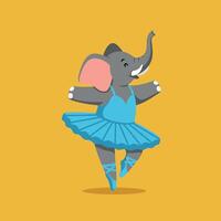 Playful elephant dancing joyfully in a blue tutu with a whimsical expression in flat art vector