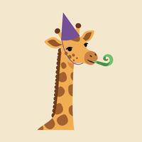 Playful giraffe wearing a party hat and blowing a noisemaker in flat art vector