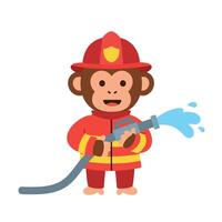 Cute monkey dressed as a firefighter spraying water with a hose in flat art vector
