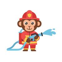 A cute monkey dressed as a firefighter spraying water with a hose in flat art vector
