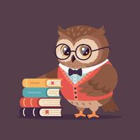 A wise owl wearing glasses and a bowtie stands beside colorful stacked books in flat art vector